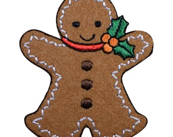 Gingerbread Man Applique Patch - Christmas, Holly Badge 2.5" (Iron on)