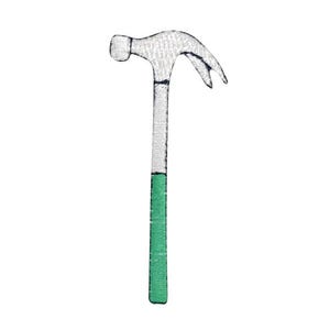 May include: Embroidered patch of a hammer. The hammerhead and upper handle are white, while the lower handle is green. The design is a detailed, stitched representation of a common tool.