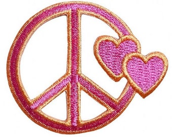 Peace Sign Applique Patch - Pink/Orange Hearts, Love Badge 2-1/8" (Iron on)