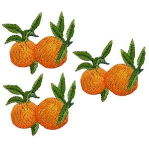 May include: Embroidered orange fruit patches with green leaves. Each patch features two oranges with detailed stitching, creating a textured appearance. The green leaves add a natural contrast to the bright orange fruit. These patches are ideal for fabric crafts.