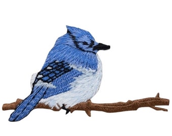 Bird Applique Patch - Blue Jay, Tree Branch 2-7/8" (Iron on)