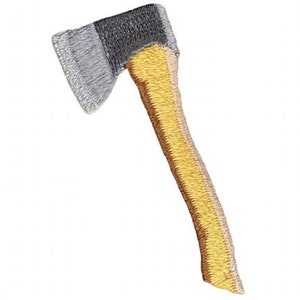 May include: Embroidered patch featuring an axe. The axe has a silver blade, a black top, and a yellow handle. The patch is created with detailed stitching, giving it a textured look. The axe is shown at an angle against a white background.