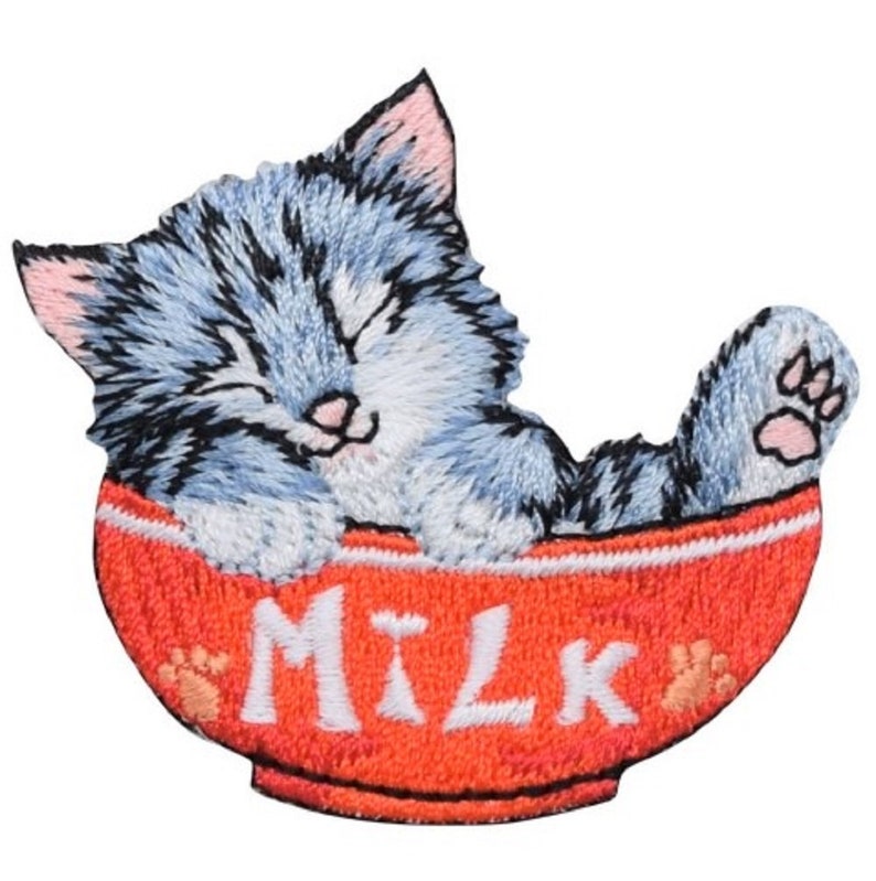 Gray Kitten Kitty Cat Applique Patch Bowl of Milk 2-18 Iron on
