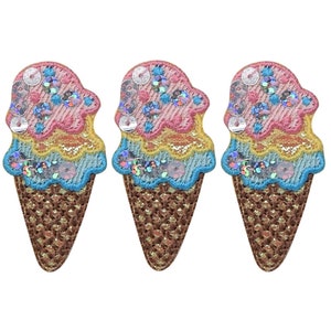 Sequin Ice Cream Applique Patch - Dessert, Waffle Cone 2" (3-Pack, Iron on)