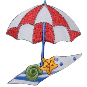 May include: Red and white striped beach umbrella with a blue handle, over a blue and white striped beach towel with a green seashell and a yellow starfish.