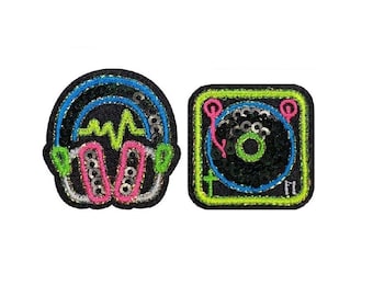 Juego de 2 parches con lentejuelas para DJ - Insignias bordadas de tocadiscos y auriculares de 3,17 cm (para planchar)