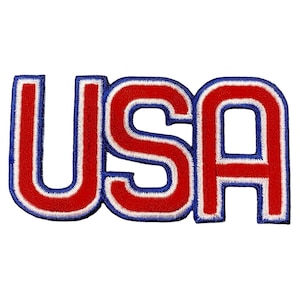 May include: Embroidered patch featuring the word "USA" in bold, capital letters. The letters are red with a white border and a blue outline. The patch is likely designed to be sewn or ironed onto fabric.