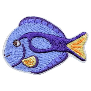 May include: A blue and purple embroidered iron-on patch of a cartoon fish with an orange tail fin.