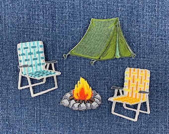 4-Pack Camping Patch Set - Embroidered Lawn Chair Camp Fire Pit Tent Badges (Iron On)