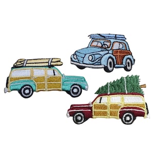 May include: Three embroidered iron-on patches featuring vintage station wagons. The first patch is teal green with a wood panel design and surfboards on the roof. The second patch is light blue with a wood panel design and a surfboard on the roof. The third patch is maroon with a wood panel design and a Christmas tree on the roof.