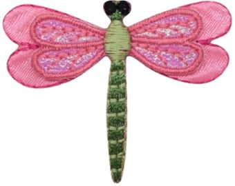 May include: Embroidered dragonfly patch with pink wings and a green body. The wings have a layered design with a glittery, iridescent effect. The dragonfly's body is segmented, and the eyes are black.