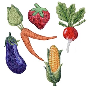 May include: Embroidered patches of vegetables, including a carrot, strawberry, radish, aubergine, and sweetcorn. The patches feature detailed stitching and vibrant colours, with green leaves and stems. The vegetables are arranged on a white background.