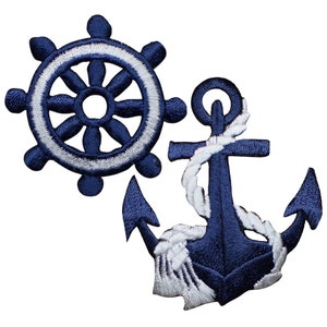 2-Pack Anchor & Ship's Wheel Applique Patch Set - Embroidered Nautical Badges (Iron On)