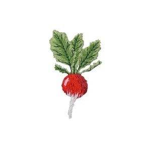 May include: Embroidered radish patch with a red bulb, green leaves, and a white root. The radish is a detailed, textured design, perfect for adding to clothing or accessories. The patch is likely made of fabric.