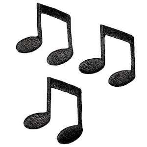 May include: Three black embroidered musical note patches. Each patch features a double-beamed note design with a textured, stitched surface. The musical symbols are arranged in a scattered formation against a plain white background.