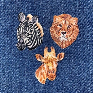 3er-Pack Giraffe Löwe & Zebra Applikation Patch Set - Gestickte Tier Abzeichen 4,5 cm (aufbügelbar)