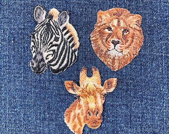 3-Pack Giraffe Lion & Zebra Applique Patch Set - Embroidered Animal Badges 1.75" (Iron On)