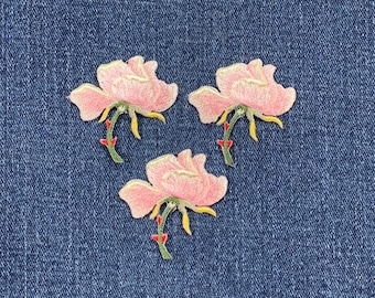 3-Pack Pink Rose Applique Patch - Embroidered Flower Garden Badge 1-3/8" (Iron On)