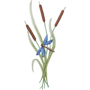 May include: An embroidered patch featuring a blue dragonfly perched on a cluster of green reeds with brown cattail stalks.