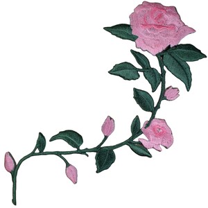 May include: Pink embroidered rose vine with green leaves and buds. The rose is in full bloom with a pink center and layered petals.