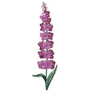 May include: Embroidered patch of a purple flower spike with multiple blooms. The flower has a green stem and leaves. The petals are a deep purple with lighter purple accents. The patch is designed to be sewn or ironed onto fabric.