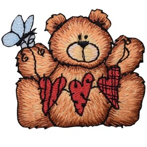Écusson appliqué Ours en peluche et cœurs - Badge animal libellule brodé 2-3/8" (à repasser)