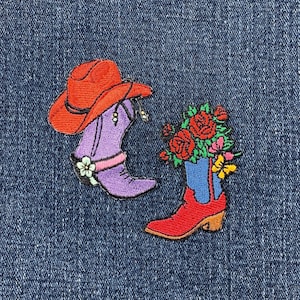 2-Pack Western Boot Applique Patch Set - Embroidered Cowboy Flower Rose Badges 2.25" (Iron On)