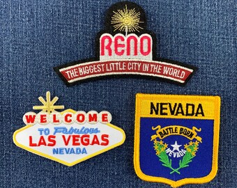 Juego de 3 parches de Nevada: insignias bordadas con los letreros de Reno y Las Vegas (para planchar).