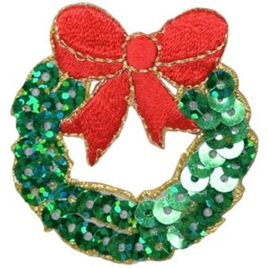 Christmas Wreath Applique Patch - Sequin Holiday Badge 1-7/8" (Iron on)