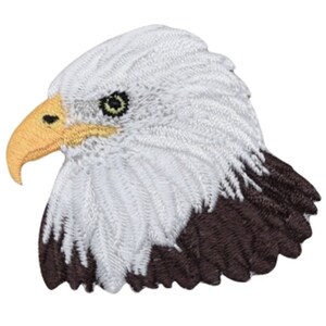 May include: Embroidered patch of a bald eagle's head with a white head and brown feathers. The eagle's beak is yellow and its eyes are black.