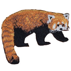 May include: An embroidered patch of a red panda walking with a brown and orange striped tail. The red panda has a white face with black markings around the eyes and nose.
