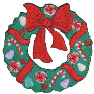 Christmas Wreath Applique Patch - Red Bow Candy Cane Peppermint 2.25&quot; (Iron on)