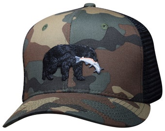 Black Bear & Salmon Snapback Hat - Camo Trucker Cap Camouflage