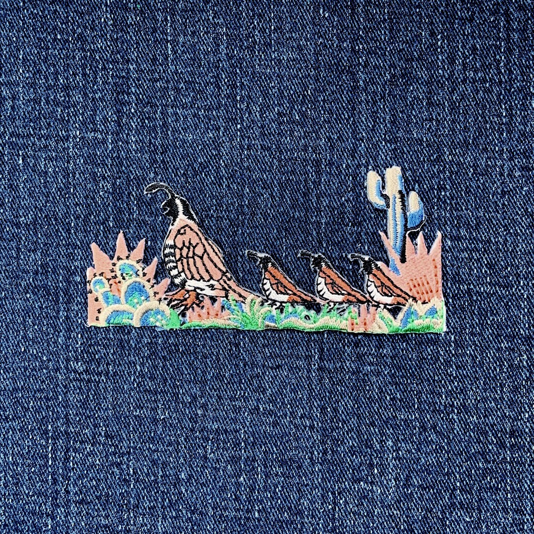 Quail Patchwork Quail Family Applique Patch - Embroidered Chicks Birds Cactus Desert ...