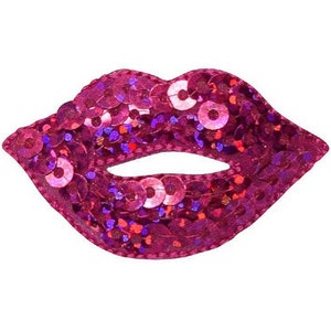 May include: Pink sequin lips patch. The patch is made of sequins and is shaped like a pair of lips.