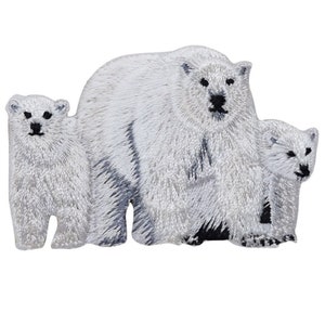 May include: Embroidered patch depicting a polar bear family. The design shows a large adult polar bear with two cubs, all in white with black accents. The patch has a detailed, textured appearance.