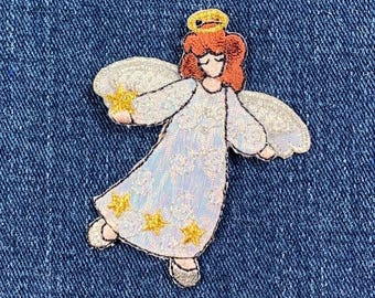 Flying Angel Applique Patch - Embroidered Shimmery Badge 2.5" (Iron On)