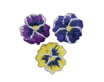 Juego de 3 parches con apliques de pensamientos - Mini insignias bordadas de flores moradas de 1,9 cm (para planchar)