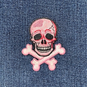 Pink Skull & Crossbones Applique Patch - Shimmery Embroidered Skeleton Badge 2.75" (Iron On)
