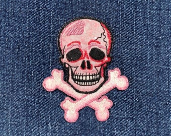 骸骨模様のドクロ - ピンク - キラキラ - 刺繍入りアイロンパッチ 