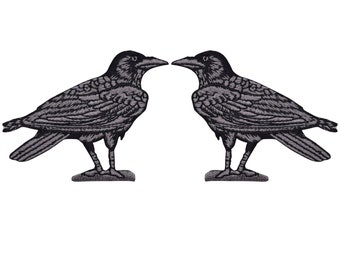 ワタリガラスのアップリケパッチ2枚セット - 刺繍入り鳥バッジ 3インチ (アイロン接着式)