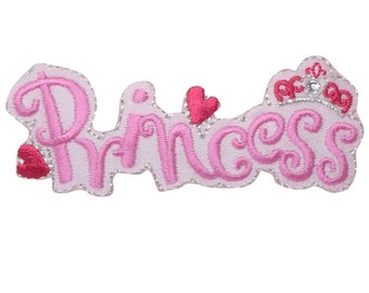 Princess Applique Patch - Pink, Hearts, Sparkly Gem Badge 3" (Iron on)