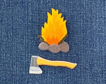 2-Pack Camping Patch Set - Embroidered Campfire & Axe Hatchet Camp Fire Badges (Iron On)