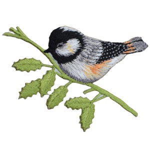 Könnte beinhalten: Gestickter Bügelaufkleber mit einem grau-schwarzen Vogel, der auf einem grünen Zweig mit Blättern sitzt.