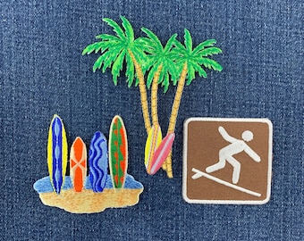 3er-Pack Surf-Aufnäher-Set – Gestickte Surfbretter, Strandschilder, Palmen-Aufnäher (zum Aufbügeln)