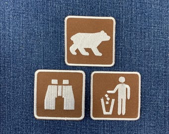3er-Pack Naturforscher-Aufnäher-Set – Bestickte Fernglas- und Wildtier-Mülleimer-Schild-Aufnäher (zum Aufbügeln)