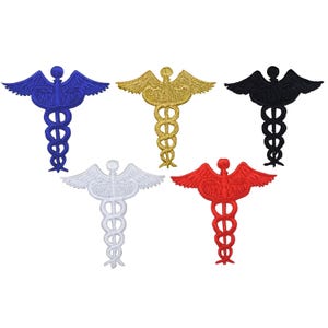 May include: Five embroidered iron-on patches featuring the medical symbol of a snake wrapped around a staff. The patches are in blue, gold, black, white, and red.