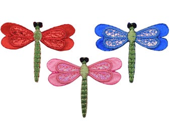 3-Pack Layered Dragonfly Applique Patch Set - Shimmery Embroidered Insect Badges 2" (Iron On)