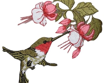 Hummingbird Applique Patch - Pink/White Flowers, Bird Badge 3-5/8" (Iron on)