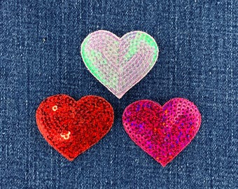 Juego de 3 parches de lentejuelas con forma de corazón: rojo, rosa fucsia y rosa claro (para planchar).